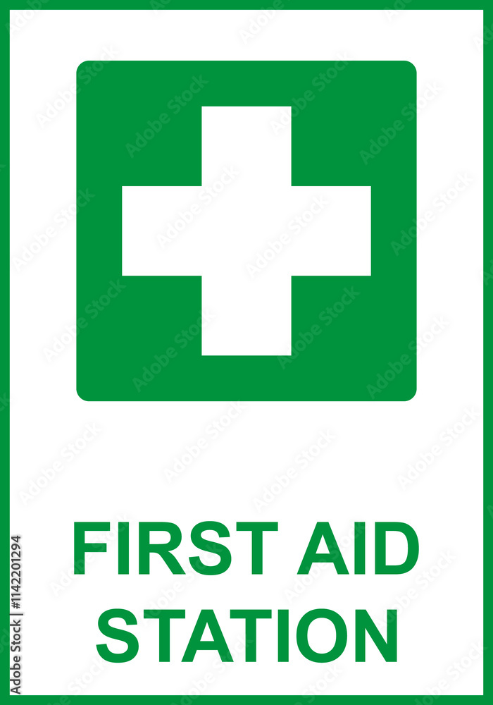 Fototapeta premium Green sign first aid. Indications the location equipment, means or premises related to the provision of first aid. Safety symbol. Green directional sign. Safety first. First aid station. Iso 7010.