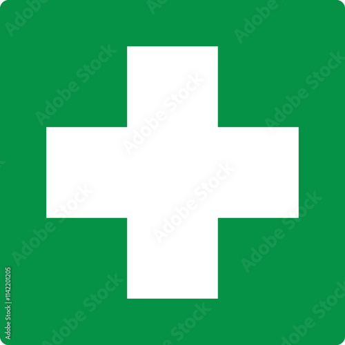 Green sign first aid. Indications the location equipment, means or premises related to the provision of first aid. Safety symbol. Green directional sign. Safety first. First aid station. Iso 7010.