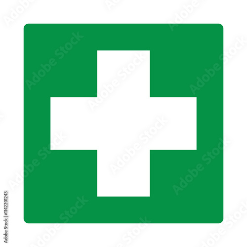 Green sign first aid. Indications the location equipment, means or premises related to the provision of first aid. Safety symbol. Green directional sign. Safety first. First aid station. Iso 7010.