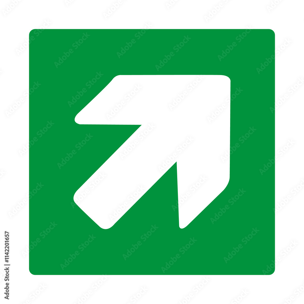 Green sign right arrow. Arrow pointing up to the right. Arrow 45° degrees. Direction movement to exit or shelter in an emergency. Movement to a safe area. Nearest safe point or exit. ISO 7010. Green sign right arrow. Arrow pointing up to the right. Arrow 45° degrees. Direction movement to exit or shelter in an emergency. Movement to a safe area. Nearest safe point or exit. ISO 7010.