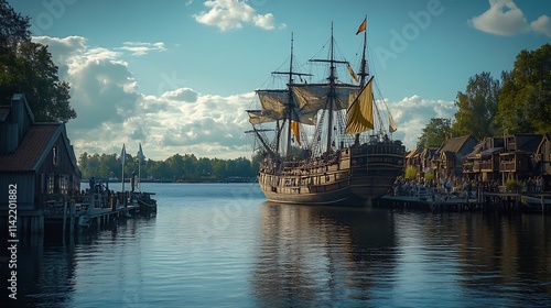 Majestic Tall Ship Sailing Past Historic Waterfront Buildings photo