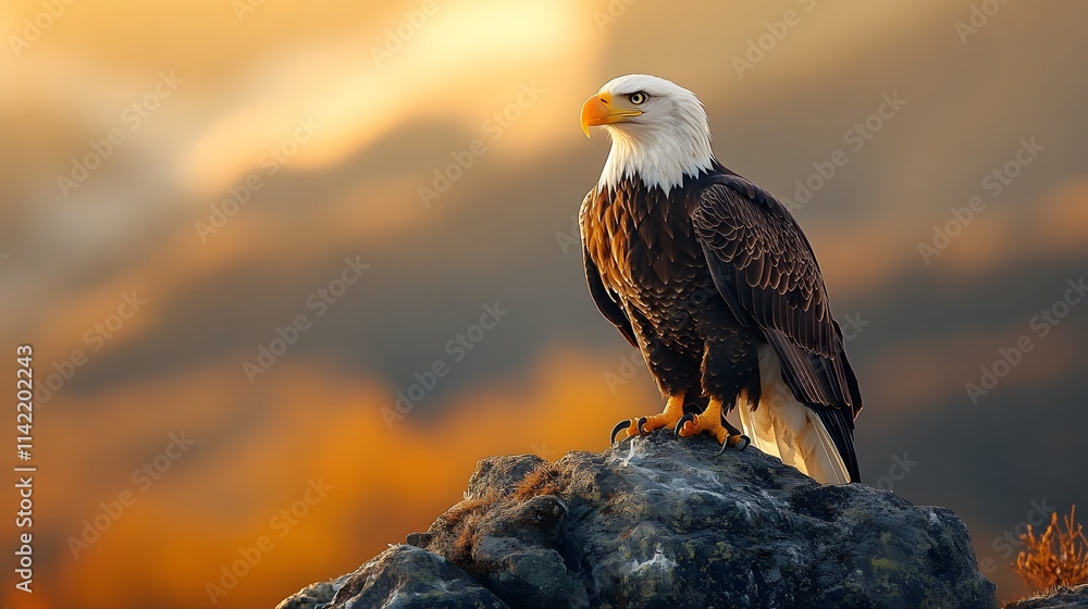 Fototapeta premium A majestic bald eagle perches regally on a rocky outcrop against a blurred mountain landscape, its detailed feathers and sharp yellow beak highlighted in dramatic golden hour lighting.