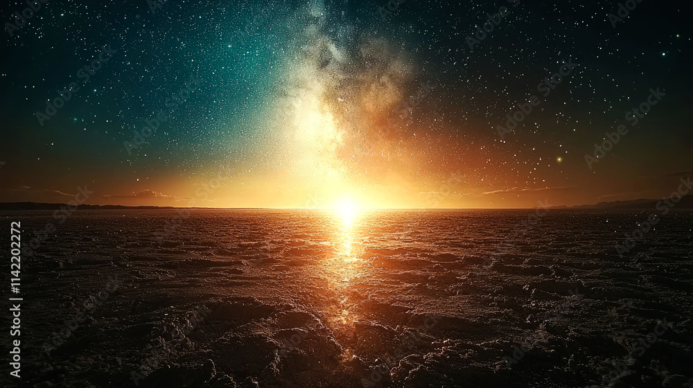 Sunrise over vast salt flats under starry sky. Sunrise over vast salt flats under starry sky.