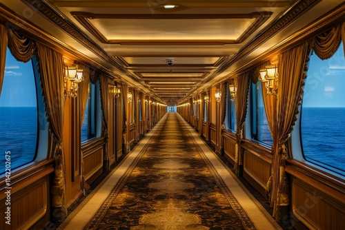 Ornate corridor, ocean view, golden decor, carpet.