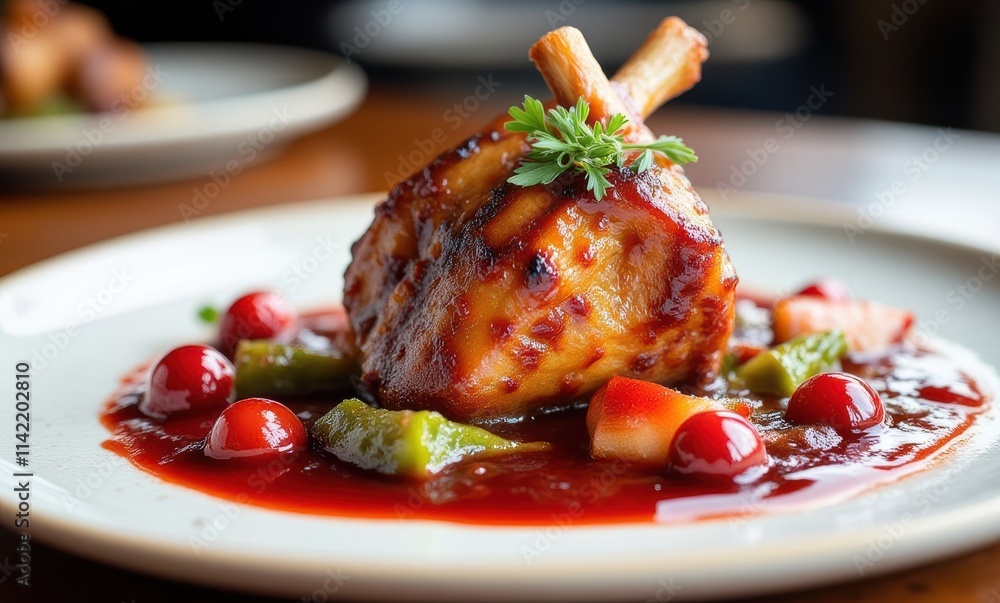 Delicious glazed chicken with vibrant garnishes Delicious glazed chicken with vibrant garnishes