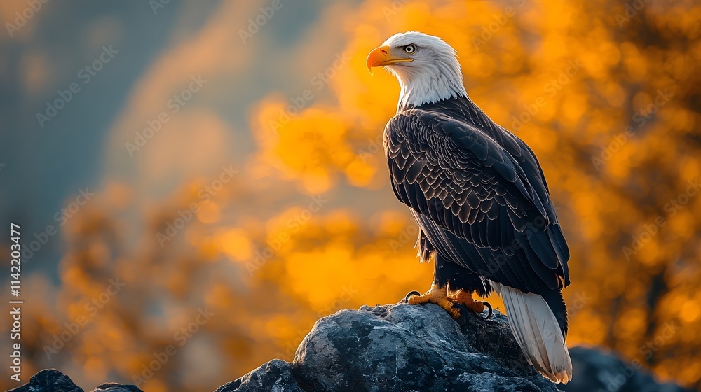Fototapeta premium A majestic bald eagle perches regally on a rocky outcrop against a blurred mountain landscape, its detailed feathers and sharp yellow beak highlighted in dramatic golden hour lighting.