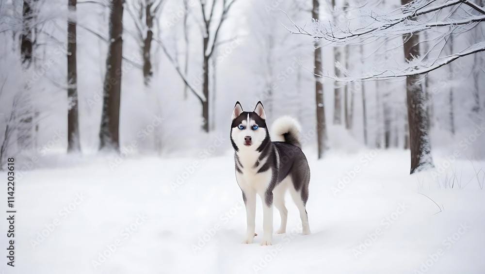 Snowy Forest Background with Alert Husky in Foreground, Piercing Blue Eyes, and Frosty Trees  
