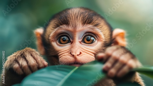 A wide-eyed baby monkey cautiously peers from behind a leaf, radiating a sense of exploration and playfulness in its natural forest environment.