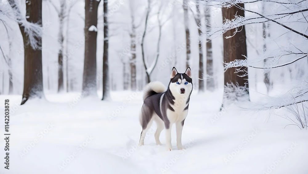 Snowy Forest Background with Alert Husky in Foreground, Piercing Blue Eyes, and Frosty Trees
Snowy Forest Background with Alert Husky in Foreground, Piercing Blue Eyes, and Frosty Trees