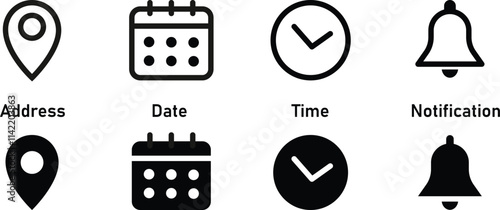 Date, time, location address, notification icon. Address location icon. Notification bell icon. Stopwatch timer icon. Date Calendar icon - Web icons set
