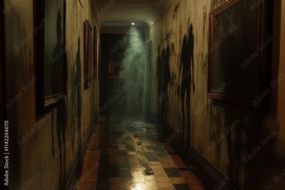 Fototapeta premium Dark hallway, shadowy figures, old frames, dusty walls.