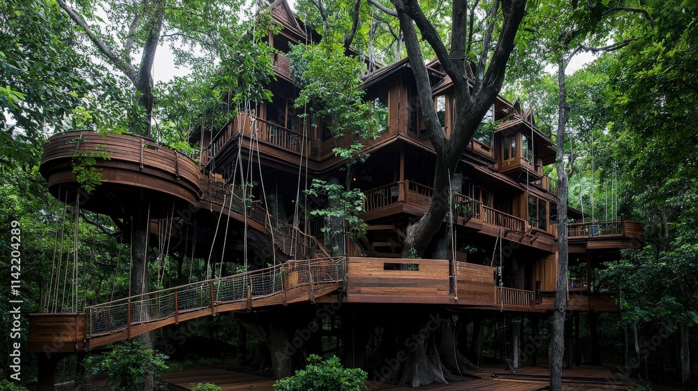 Discover a multi-level treehouse in a lush forest unique architecture with breathtaking aerial views Discover a multi-level treehouse in a lush forest unique architecture with breathtaking aerial views