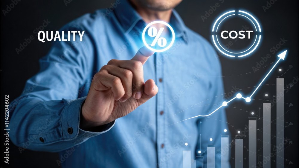 Obraz premium Professional analyzing quality and cost with percentage icons and data growth