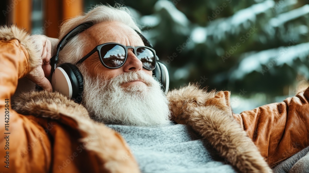 An elderly man with a large beard, wearing sunglasses and headphones, enjoys music while relaxing outside in the snow, dressed in a cozy fur-lined coat. An elderly man with a large beard, wearing sunglasses and headphones, enjoys music while relaxing outside in the snow, dressed in a cozy fur-lined coat.