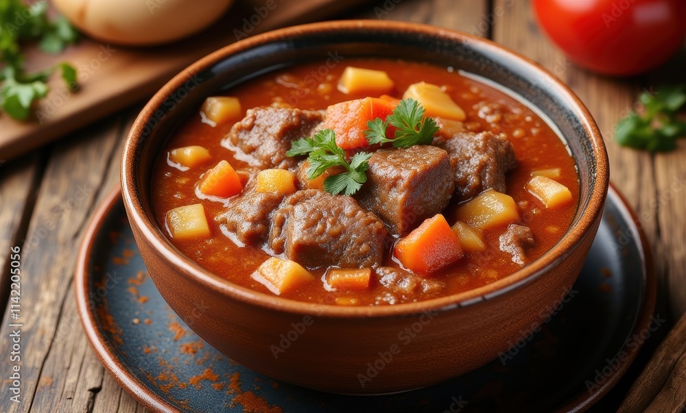 Hearty beef stew in a rustic bowl Hearty beef stew in a rustic bowl