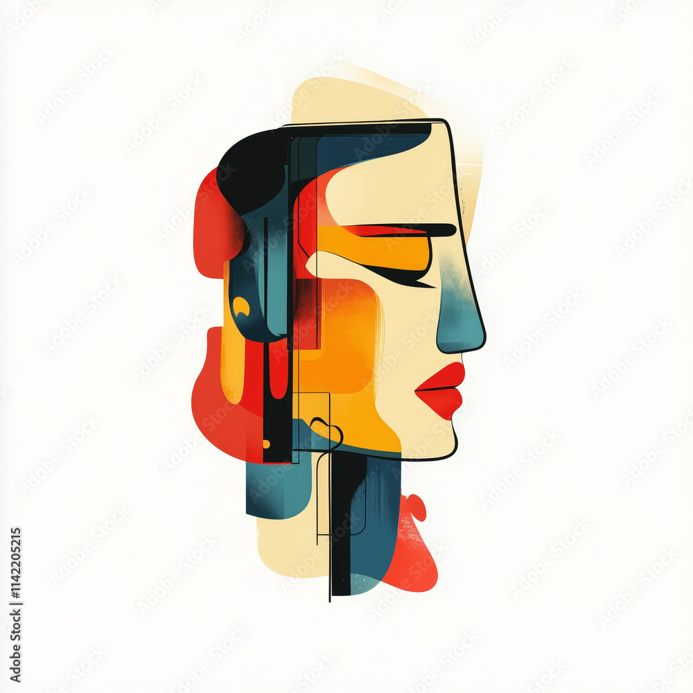 Obraz premium Abstract modern illustration of a face in profile, made up of geometric shapes and vibrant colors like blue, red, and yellow