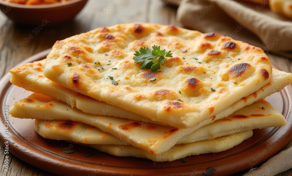 Delicious stacked naan bread on a plate Delicious stacked naan bread on a plate