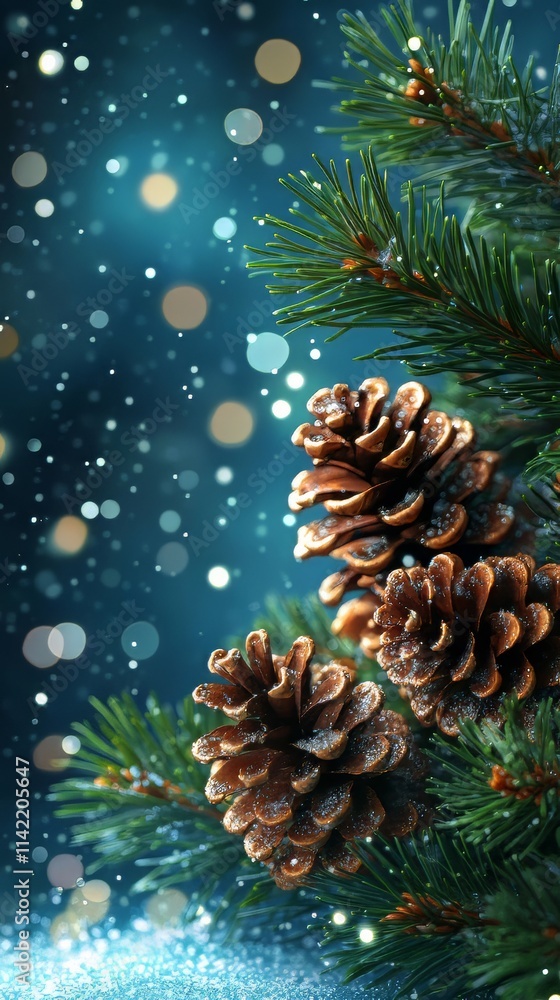 Pinecones and fir tree on sparkling background. christmas wallpaper. Ultra realistic. Photorealistic Pinecones and fir tree on sparkling background. christmas wallpaper. Ultra realistic. Photorealistic