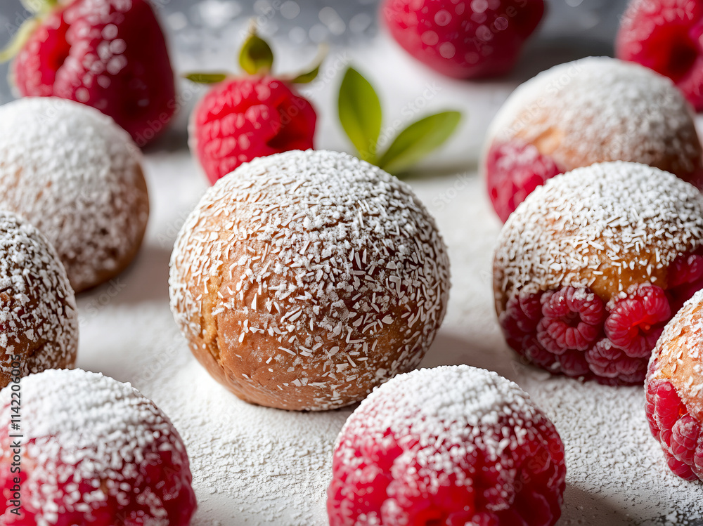 Close-up of round donuts dusted with powdered sugar and fresh raspberries.
Close-up of round donuts dusted with powdered sugar and fresh raspberries.