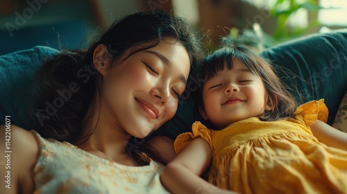 Asian mother and daughter relaxing together on a sofa, enjoying a peaceful and loving moment at home.