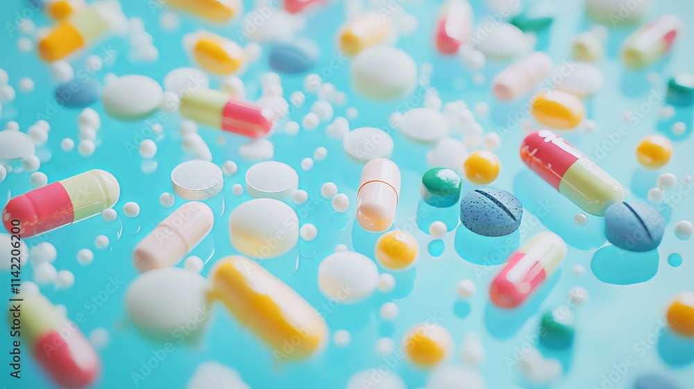 A variety of colorful pills in various shapes and sizes are scattered on a light blue glass surface. The background is a light, blurred blue, and the pills are sharply focused in the foreground A variety of colorful pills in various shapes and sizes are scattered on a light blue glass surface. The background is a light, blurred blue, and the pills are sharply focused in the foreground