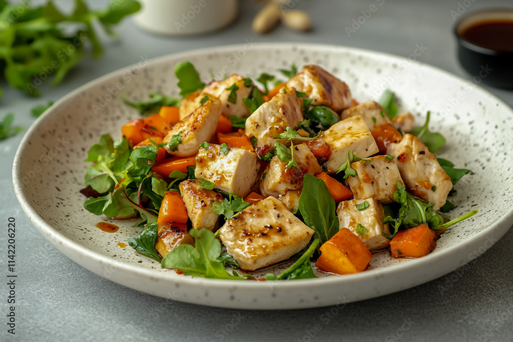 Marinated fried chicken, with fresh vegetables and sweet potatoes, captured in a vibrant style of food photography. Marinated fried chicken, with fresh vegetables and sweet potatoes, captured in a vibrant style of food photography.