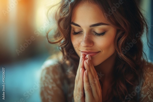 Christian woman praying for god blessing, Generative AI