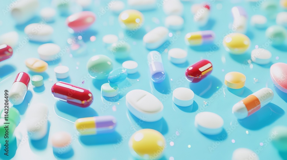 A variety of colorful pills in various shapes and sizes are scattered on a light blue glass surface. The background is a light, blurred blue, and the pills are sharply focused in the foreground A variety of colorful pills in various shapes and sizes are scattered on a light blue glass surface. The background is a light, blurred blue, and the pills are sharply focused in the foreground