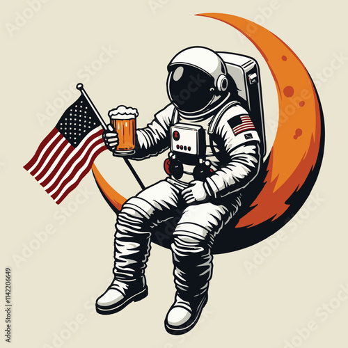 An astronaut holds an American flag in one hand and a mug