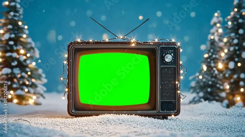 Vintage television showing green screen surrounded by christmas trees and falling snow