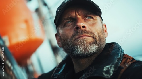 A determined, bearded man looks upward with a steely expression against a maritime setting, exuding resilience and focus amidst sea-inspired surroundings. photo