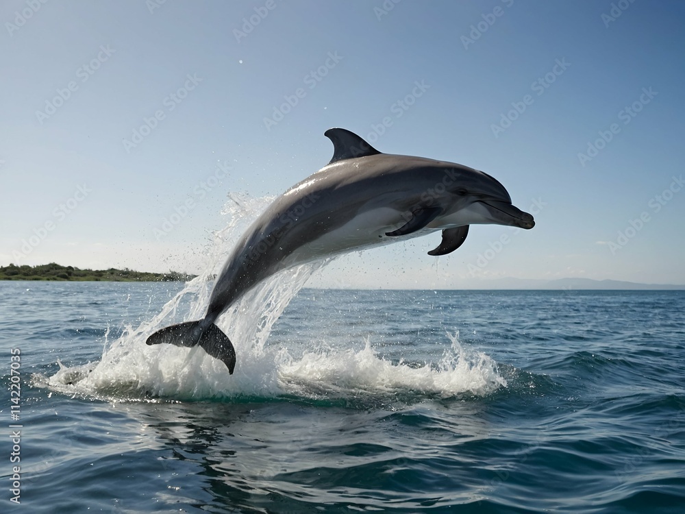 Fototapeta premium happy dolphin jumping out of the sea against the sky with splashes