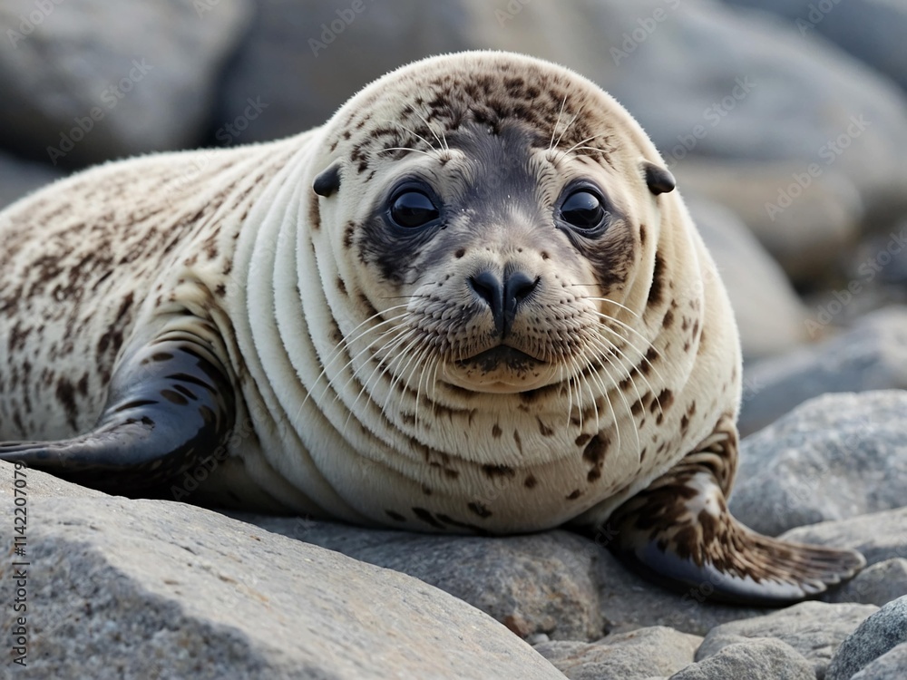 Fototapeta premium portrait of baby fur seal on rocks in sea with big sad eyes on earth day