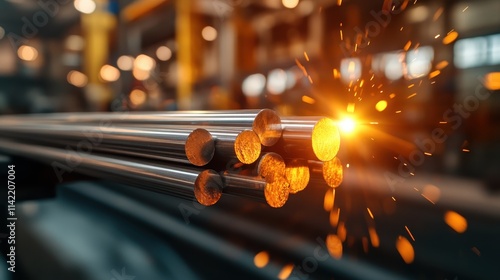 Steel rods gleam brightly in an industrial warehouse, illustrating the raw materials ready for manufacturing, emphasizing construction and industrial progress. photo