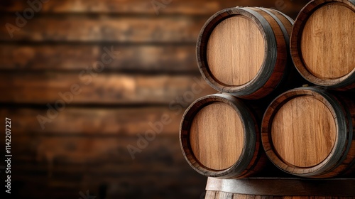 A collection of wooden barrels neatly stacked against an aged, rustic wooden backdrop, evoking a sense of tradition and craftsmanship in storage methods. photo