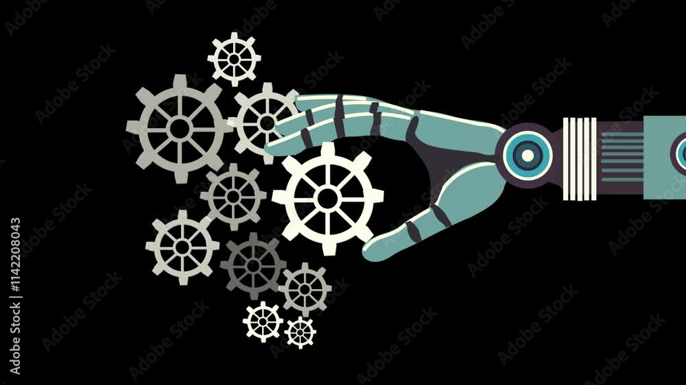 Robot Hand Completing the Industrial Process Concept animation on black ...