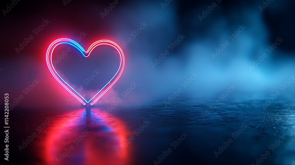 Neon Heart Glowing Brightly In Dark Smoky Setting Neon Heart Glowing Brightly In Dark Smoky Setting