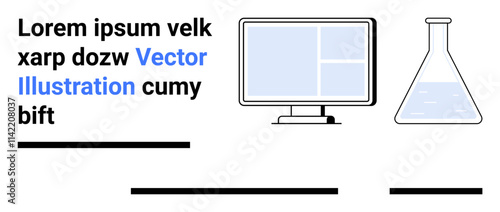 Computer monitor with blue screen beside laboratory flask with liquid. Ideal for educational content, scientific research, technology blogs, infographics, online courses, interactive presentations