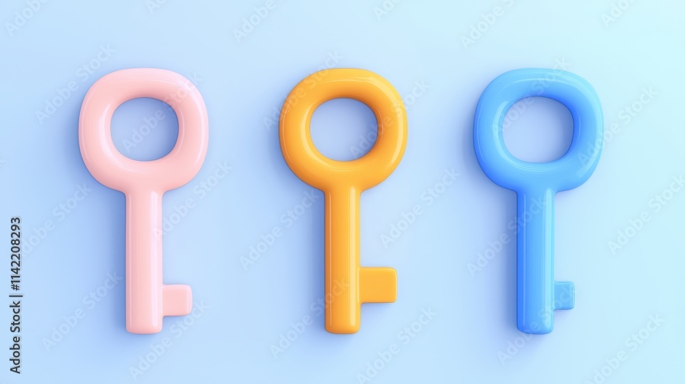 Colorful keys arranged on a light blue background. Colorful keys arranged on a light blue background.