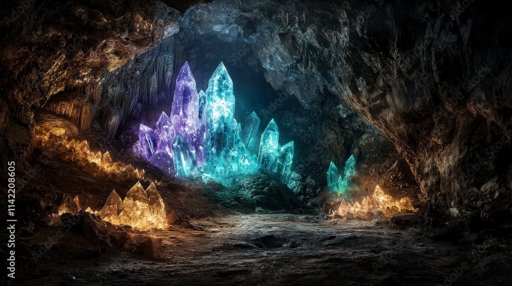 Fototapeta premium Discovering a majestic underground cave filled with massive glowing crystals and mystical views