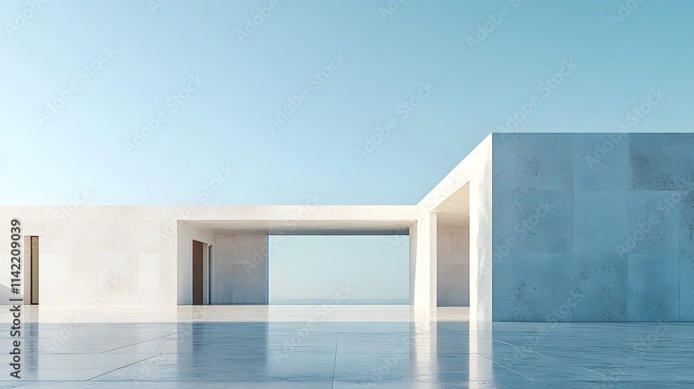 A minimalist white concrete wall stands under a blue sky, its geometric simplicity and pristine marble floor reflecting contemporary architectural design in bright daylight. A minimalist white concrete wall stands under a blue sky, its geometric simplicity and pristine marble floor reflecting contemporary architectural design in bright daylight.