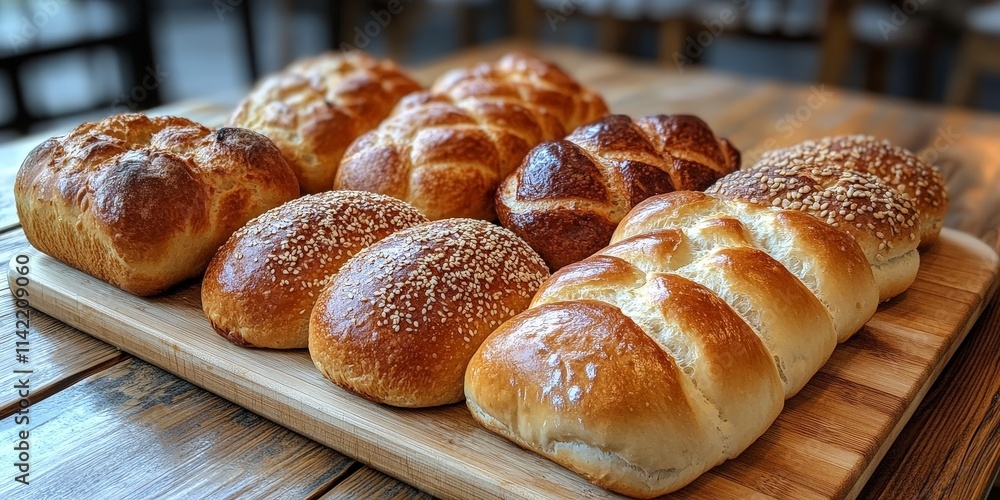 Freshly Baked Bread Loaves on a Wooden Platter Freshly Baked Bread Loaves on a Wooden Platter