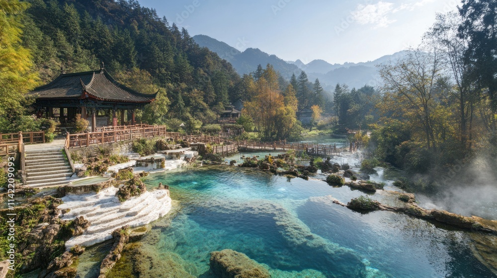 Serene turquoise pool in a mountain landscape with traditional architecture. Serene turquoise pool in a mountain landscape with traditional architecture.