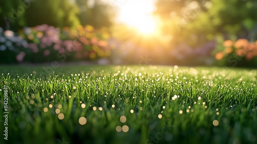 Wallpaper Mural A perfectly manicured lawn glows at sunset, vibrant green grass and dew drops highlighted by golden hour sunlight, with a colorful flower border creating a suburban garden paradise. Torontodigital.ca