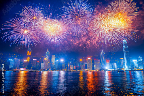 Vivid Fireworks Display Over an Illuminated City Skyline by the Water photo