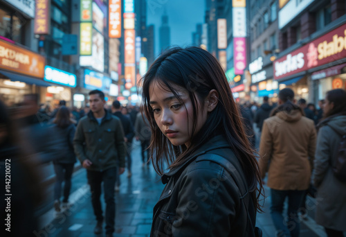 Depressed young girl in a busy, gloomy, crowded street at night