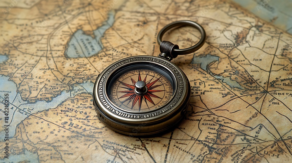 Antique compass rests on aged world map Antique compass rests on aged world map