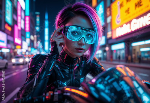 Portrait of a sci-fi cyberpunk girl. High-tech futuristic woman from the future wearing a holographic goggle riding a sports bike