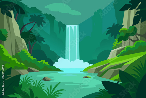 Beautiful Jungle Waterfall Surrounded by Mossy Rocks and Green Plants