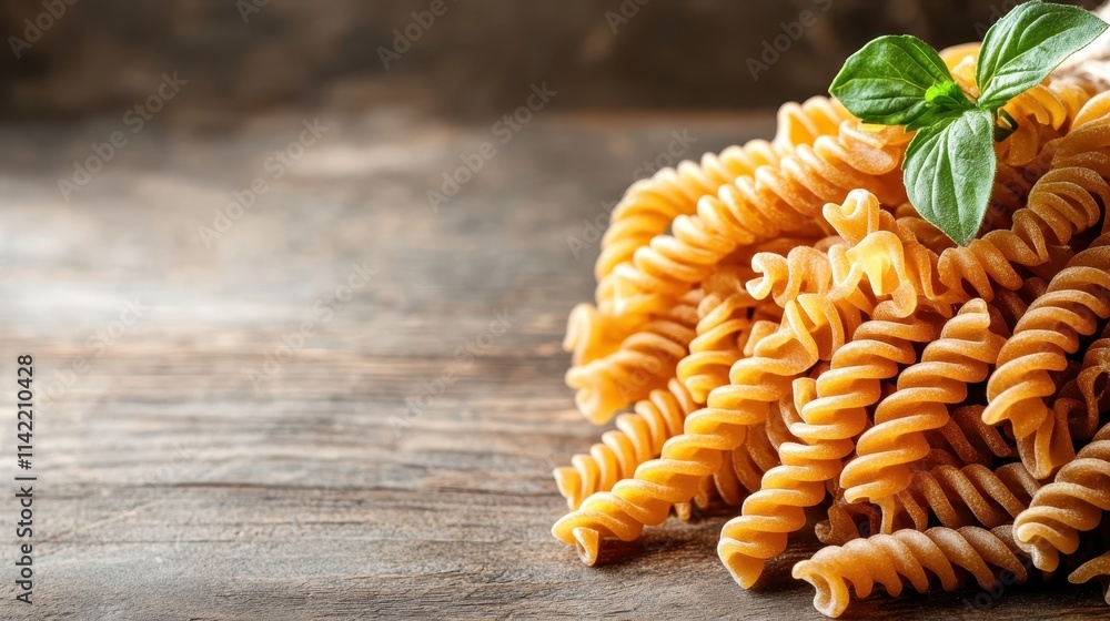 A delightful cluster of fusilli pasta on a wooden surface, complemented by a fresh basil sprig, capturing the essence of Italian cuisine and freshness. A delightful cluster of fusilli pasta on a wooden surface, complemented by a fresh basil sprig, capturing the essence of Italian cuisine and freshness.